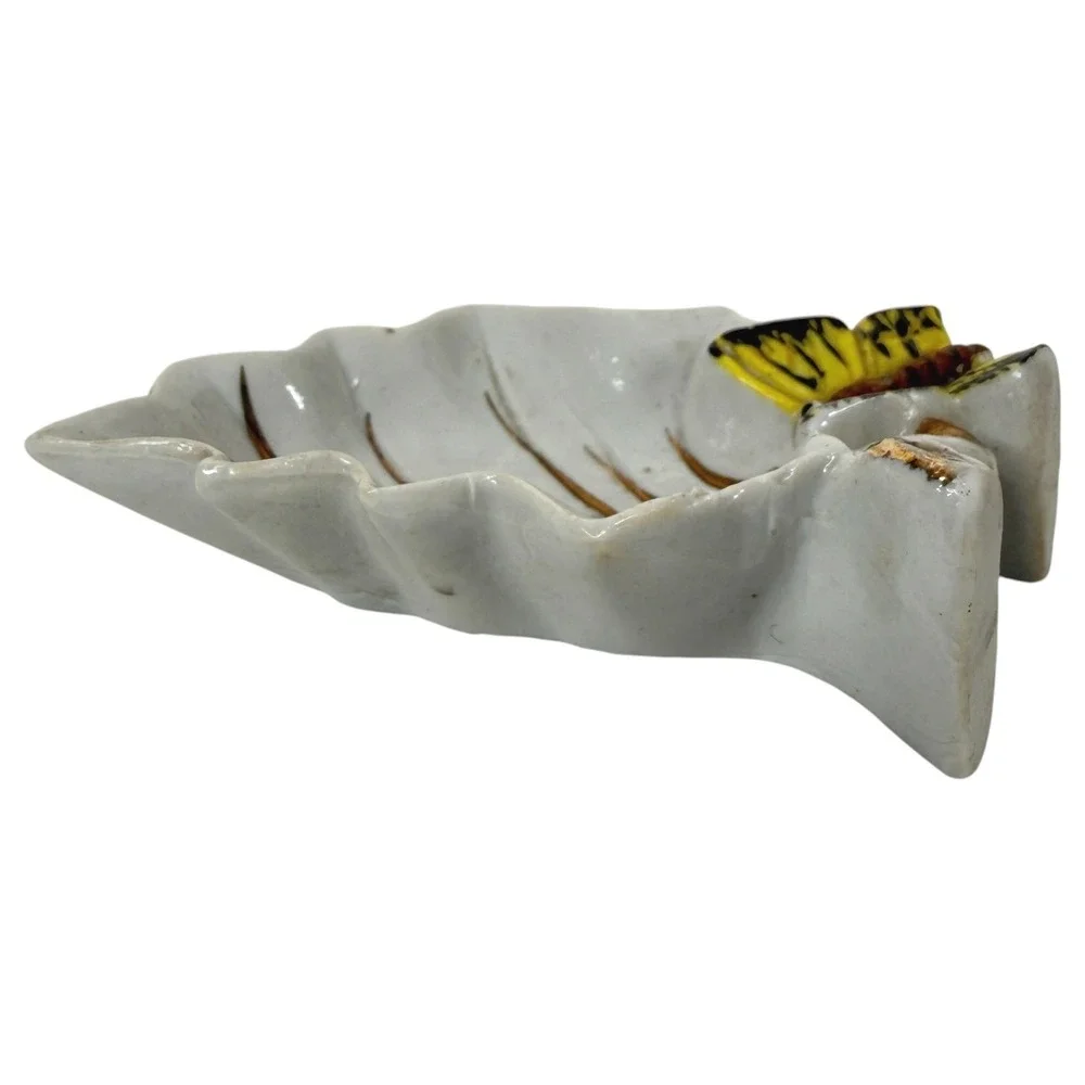 Teabag Holder Trinket Dish Ceramic White Butterfly Ladybug Leaf Japan Small